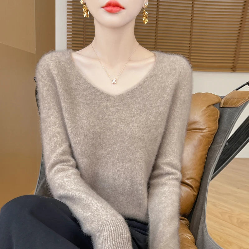 Fashion Pullover 100% Merino Wool Women Sweater V-Neck Long Sleeve Basic Jumper Spring Autumn Winter Clothing Knitwear Tops