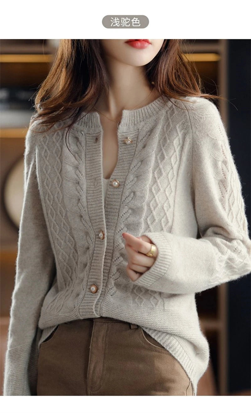 Cashmere Sweater Cardigan Women Single Breasted Long Sleeve Elegant Vintage Jumper Solid Wool Knitted Autumn Winter Outwear