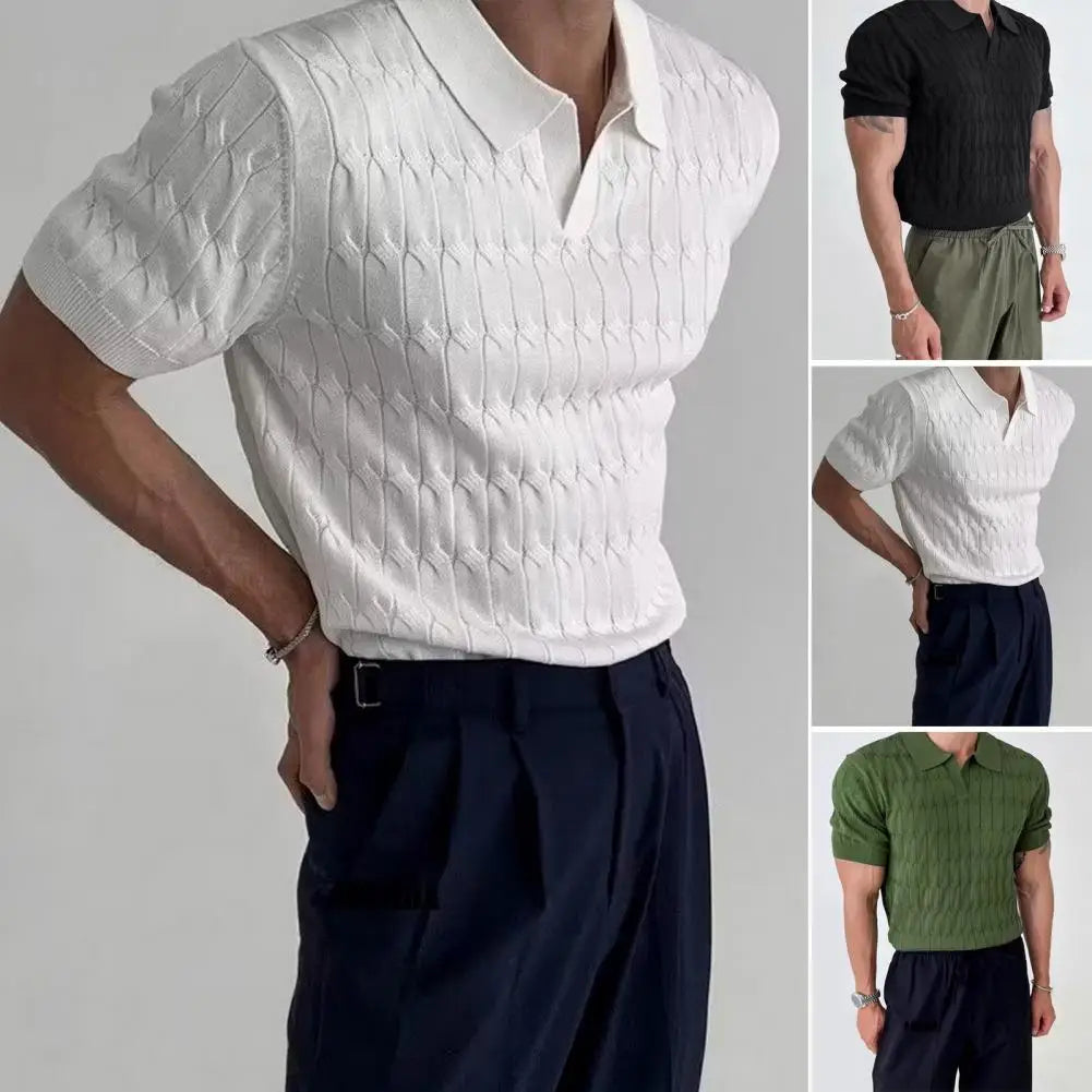 Men Jacquard Knit Top Elegant Men's V Neck Jacquard Knitted Business Shirt Formal Mid Length Summer Top with Turn-down for Men