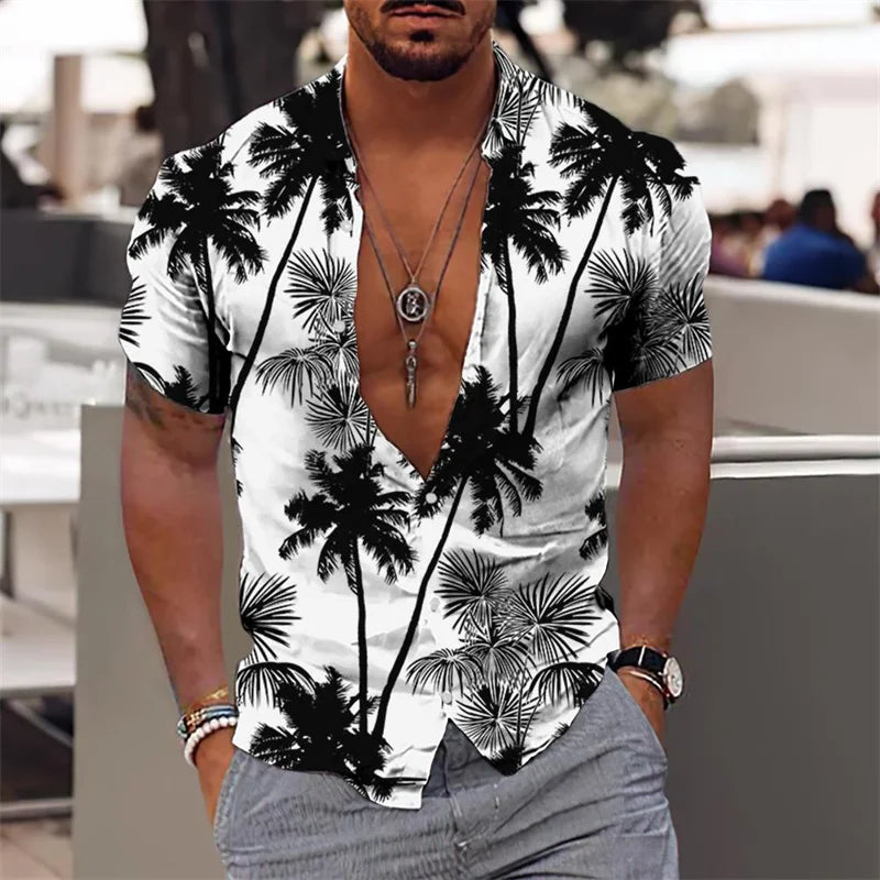 Hawaiian Shirt For Men Vacation Daily Slim Fit Tops Gym Elegant Flower Pattern Leaves Social Casual Fashion Camisa Y2k Clothing