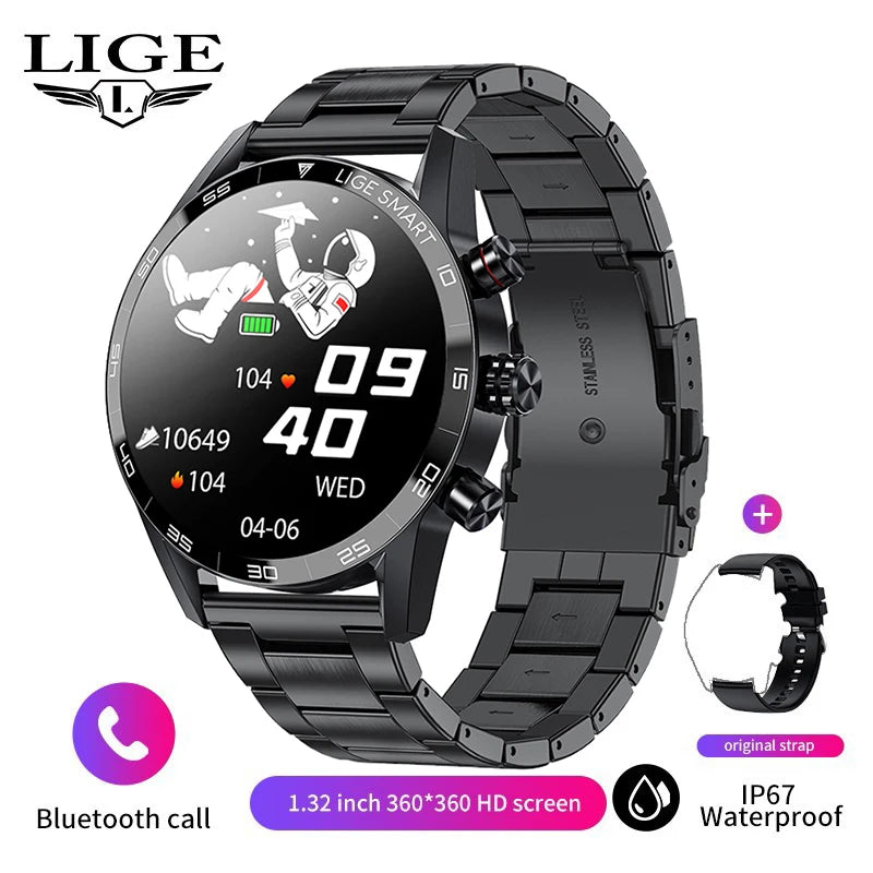 LIGE Men's Smart Watch Bluetooth Connection AMOLED Screen Smartwatch Men IP68 Waterproof Voice Call Samrtwatches for Android iOS