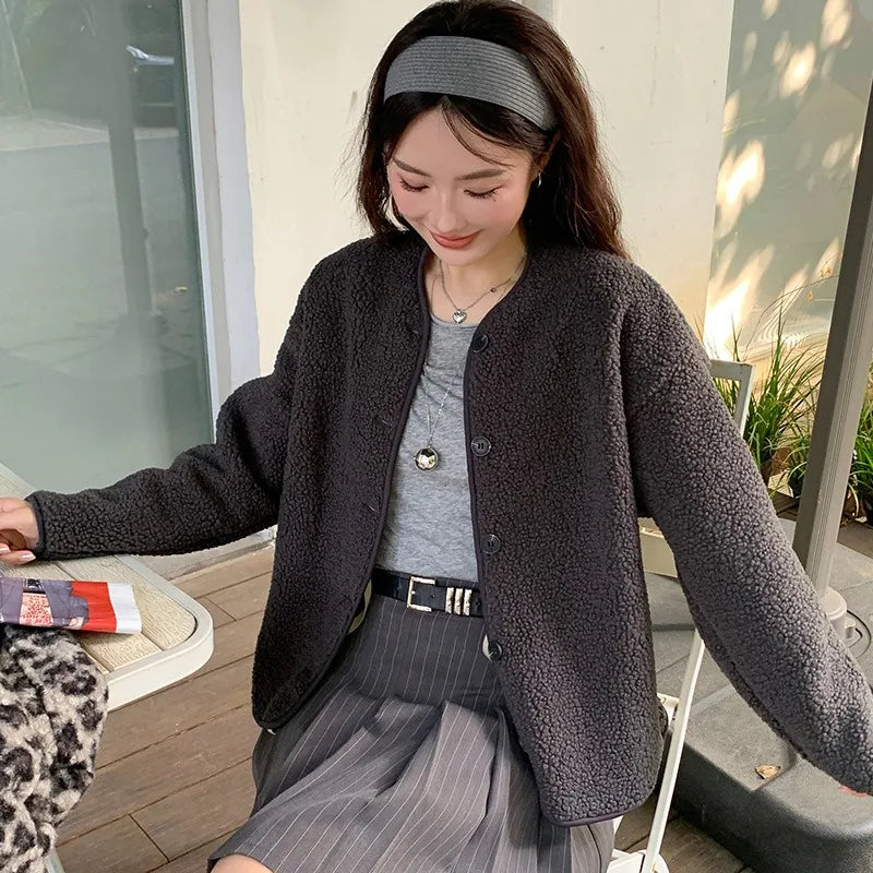 Round Neck Imitation Cashmere Jacket for Women Autumn Winter New Polar Fleece Casual Cardigan Long-sleeved Loose Top