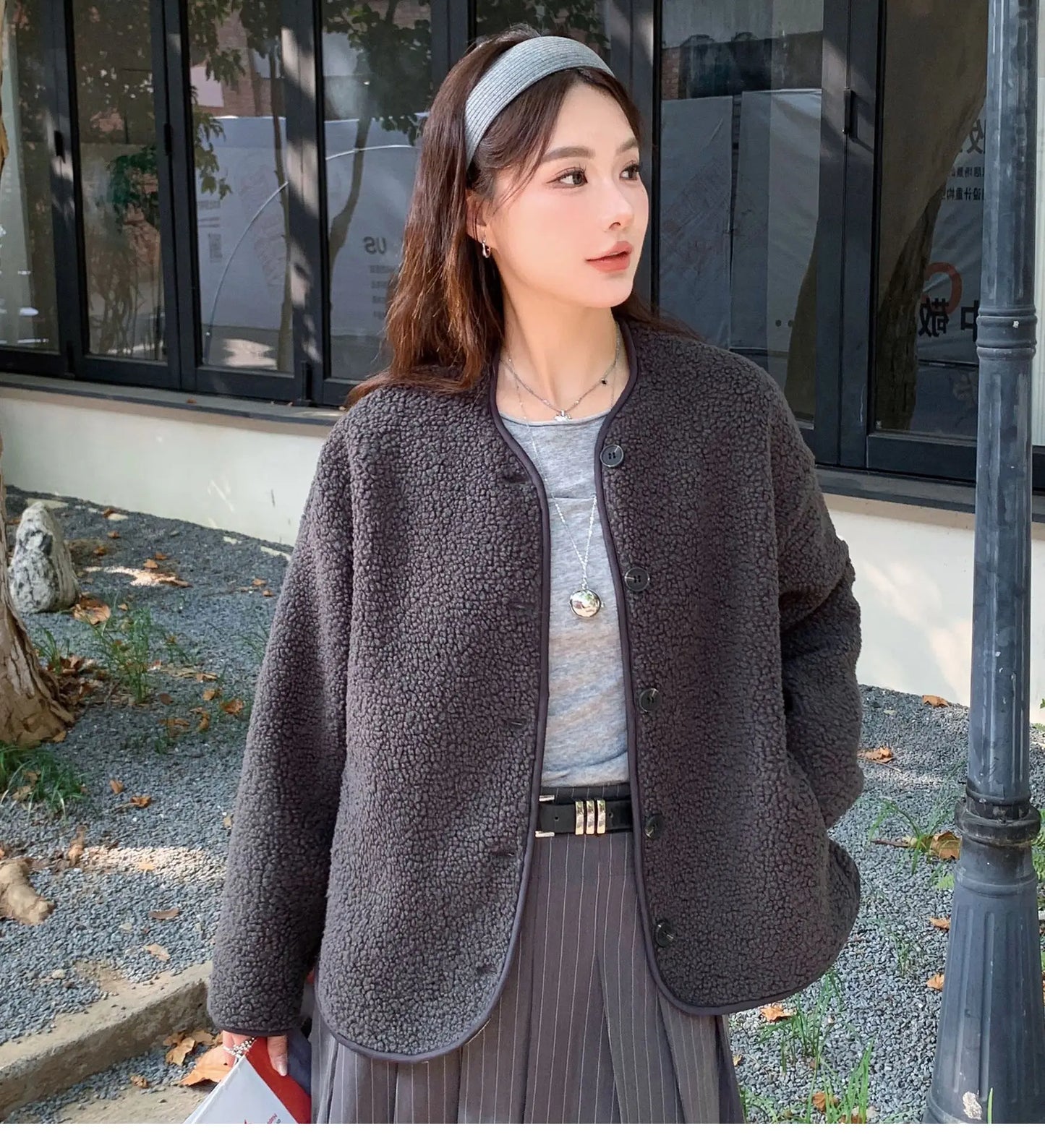 Round Neck Imitation Cashmere Jacket for Women Autumn Winter New Polar Fleece Casual Cardigan Long-sleeved Loose Top