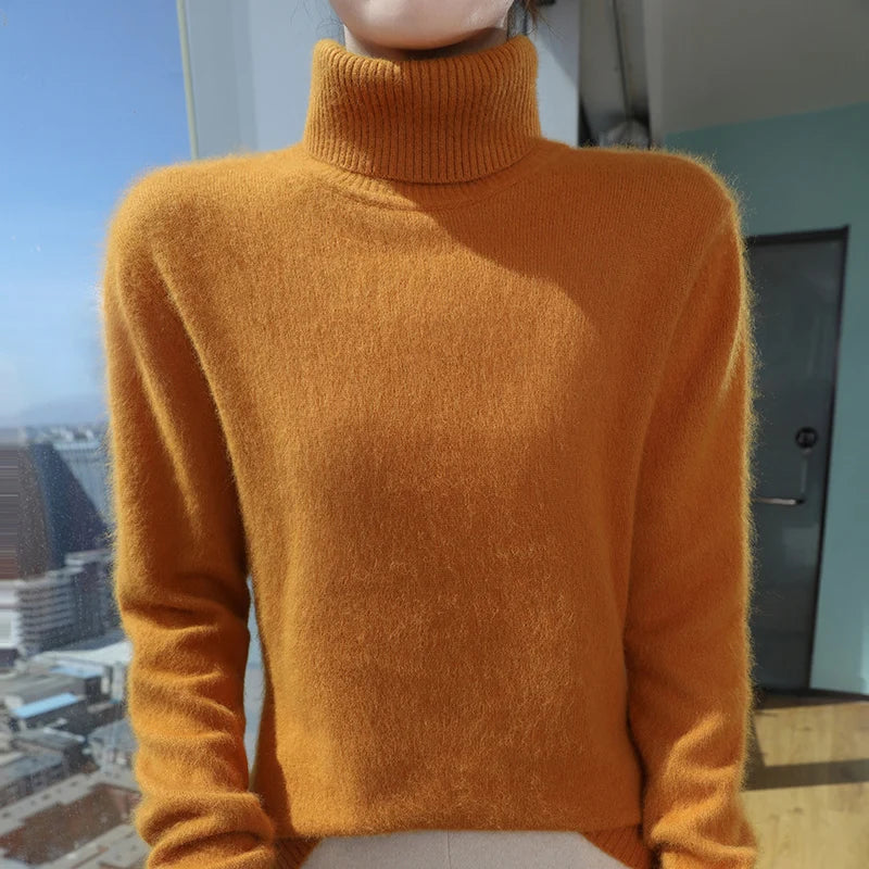 100% Mink Cashmere Top-Lapel Women Sweater Long-sleeves Fashion High-elasticity Sexy Winter Knitted Pullover Girl Tops 2024