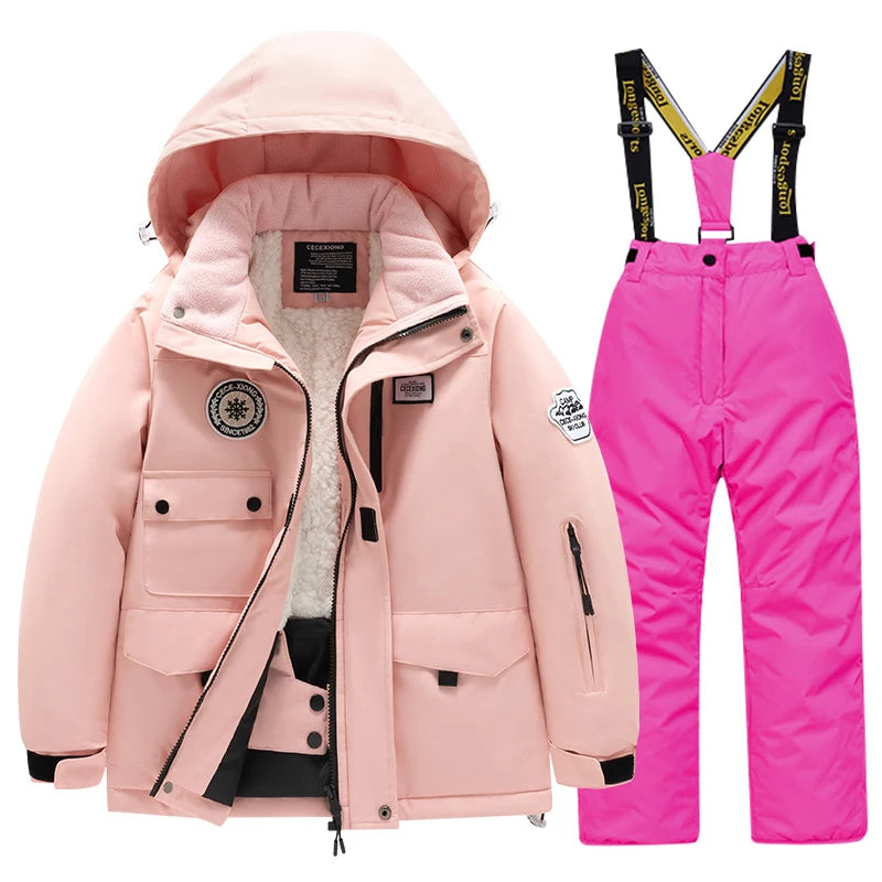 Winter children's skiing suit for boys and girls, windproof and waterproof thick coat for warmth and snow playing equipment