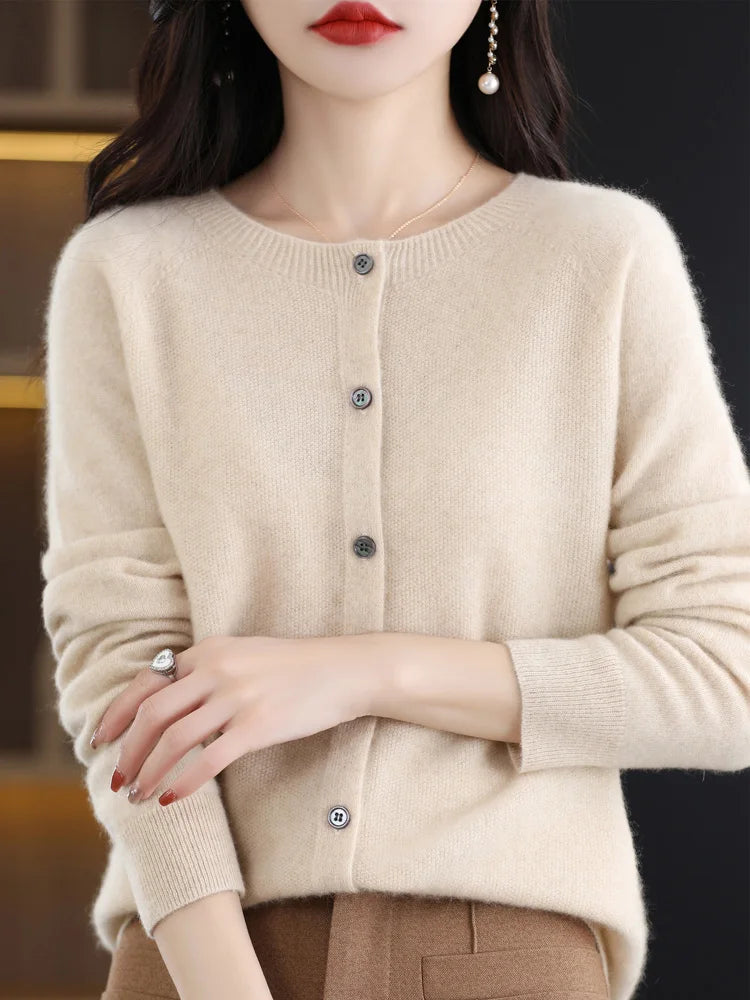 Women Cashmere Sweater 100% Merino Wool Knitted Cardigan Autumn Winter  Knitwear O-Neck Female  Solid Color Casual Fashion Top