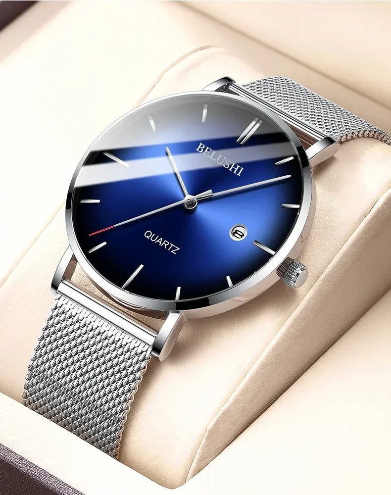 BELUSHI Fashion Mens Watches Top Brand Luxury Slim Steel Mesh Quartz Watch Men Business Waterproof Analog Wrist Watch Male Clock