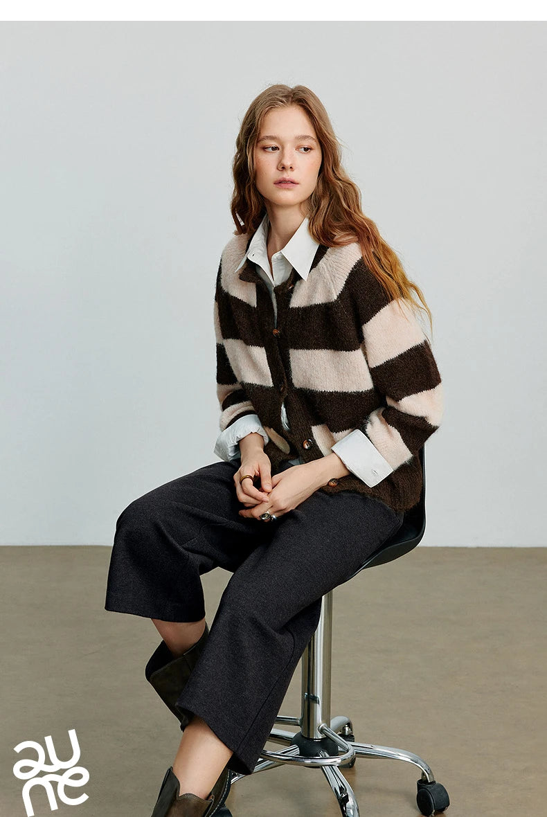 TOYOUTH Women Sweater 2025 Autumn New Color Contrasting Lulu Style Striped Cardigan Tops