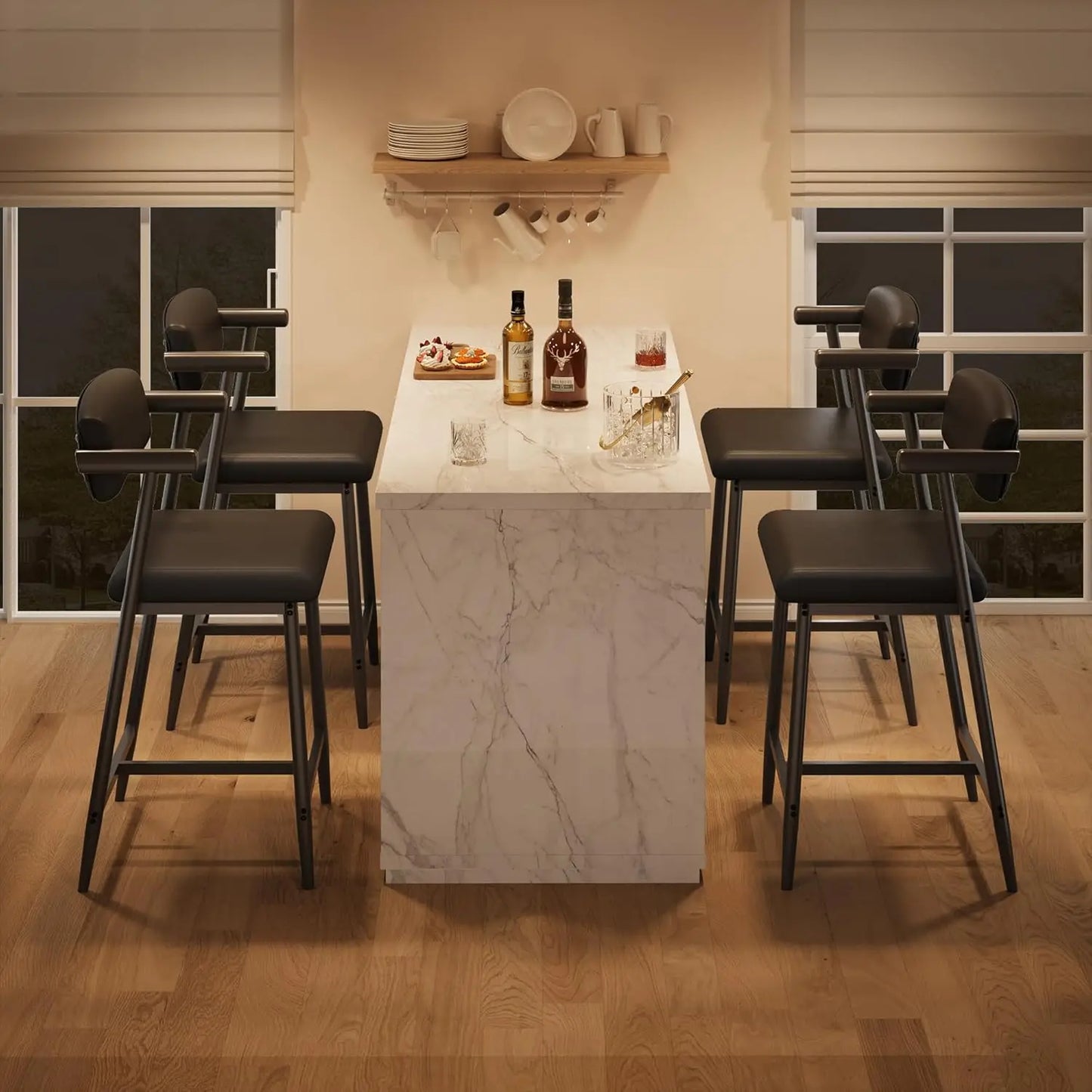 2PCS Modern Bar Stools Set with Back & Upholstered Wider Seat, Metal Bar Stools with Footrest for Kitchen Island Easy Assembly