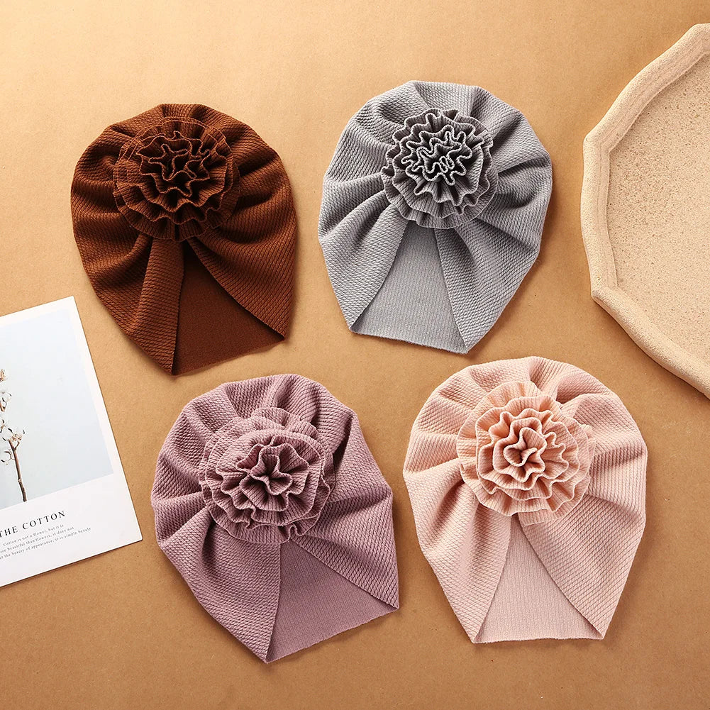 Turbante acanalado de flores grandes para bebé, gorro de algodón con nudo superior, diademas para niño y niña, gorros para recién nacidos, accesorios para niños