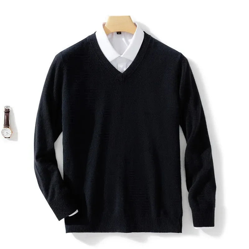 Soft Cashmere Sweater Men's Clothing Autumn Winter Pullover Business Casual Bottom V-neck Knitted Woolen Slim Fit Knitwear Male