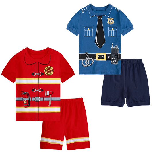 Kids Pajamas Sets Boys Policeman Sleepwear Baby Toddler Fireman Pyjamas Halloween Short Sleeve Pijamas Casual Clothing Sets