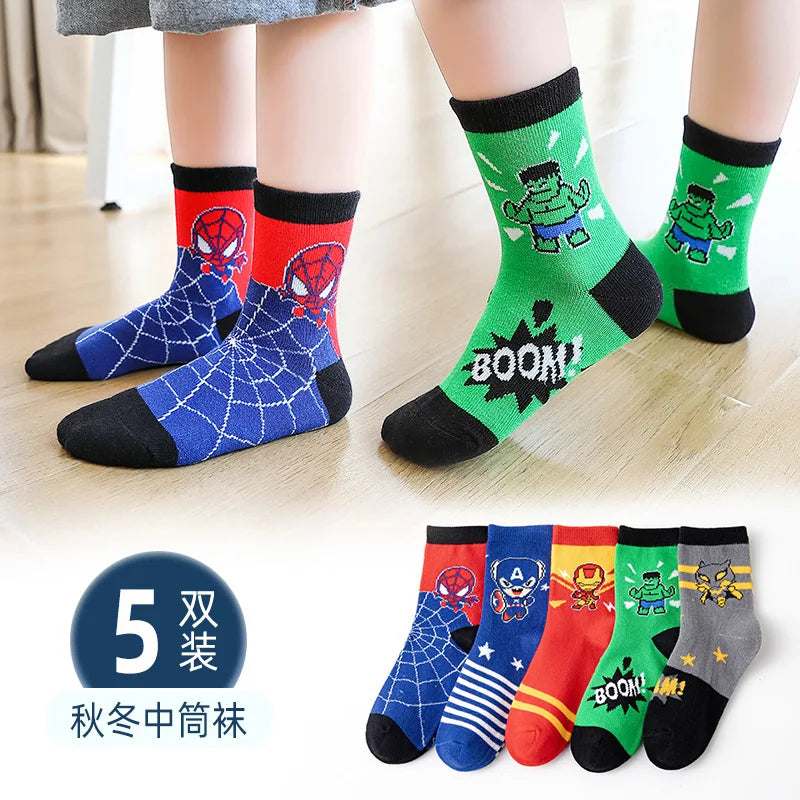 5 Pairs/Lot Disney Cartoon Marvel Spiderman Baby Autumn Winter New Cotton Socks Warm Mid-calf Socks for Boys 1-12 Years