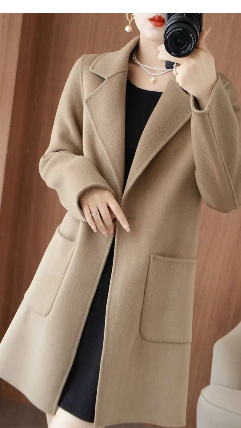 100% Pure Wool Double-Sided Cashmere Jacket Women Overcoat  Autumn Winter New Mid-Length One-Button Slim Wool Windbreakers coat