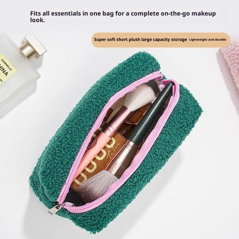 Cute Plush Makeup Bag For Women Portable Travel Small Cosmetic Bags Solid Color Zipper Toiletry Bag Washing Pouch Storage Bags