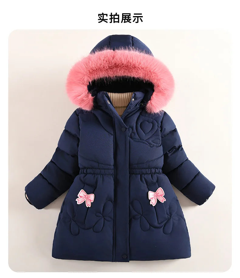 2025 Winter New Girls Jacket Long Solid Color Lining Berber Fleece Thick Warm Hooded Parka For 4-10Y Girls Bow Fashion Snowsuit