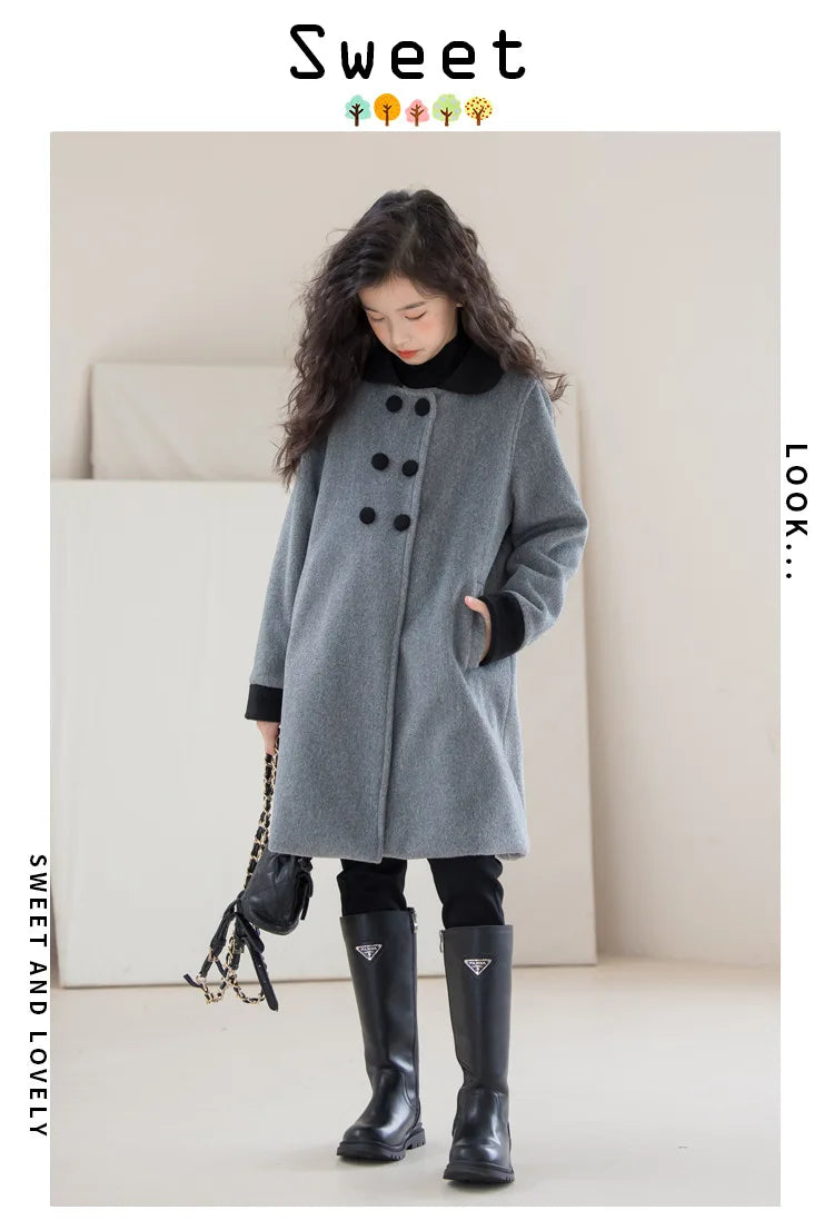 Teens Girls Winter Jacket Preppy Style Navy Mid-length Wool Coat for Kids Thick Warm Casual All-match School Children Outerwear