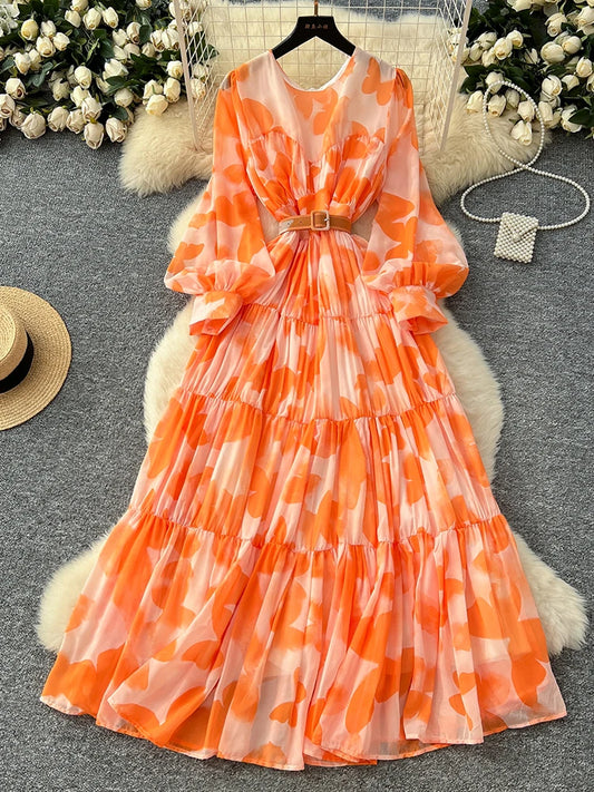 Spring Summer Women's Long Sleeved Printed Large Swing Dress New French Fashion Beach Style Cinched Round Neck Long Dress Y01