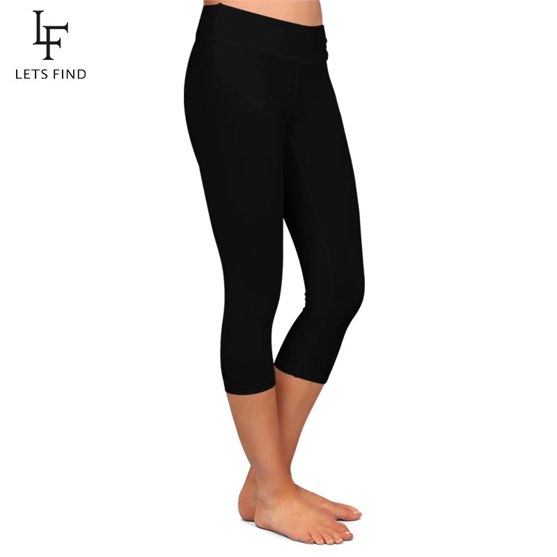 LETSFIND High Quaility Milk Silk Women High Waist Fitness Capri Leggings Solid Black Elastic Soft Slim Mid-Calf Pants