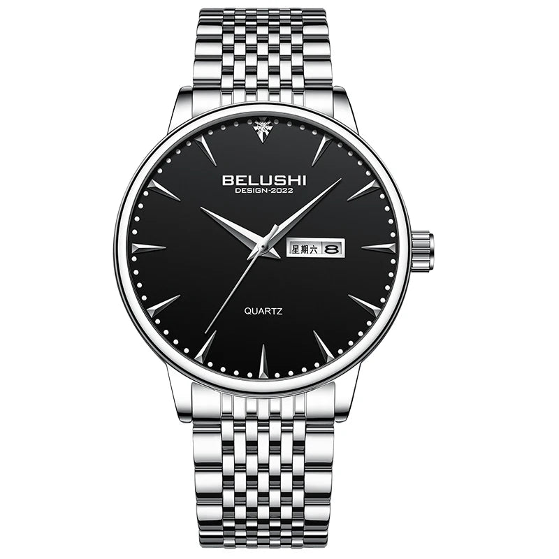 BELUSHI Minimalism Style Watch Men Luxury Top Brand Stainless Steel Quartz Clock Waterproof Calendar Fashion Gift Wristwatch New