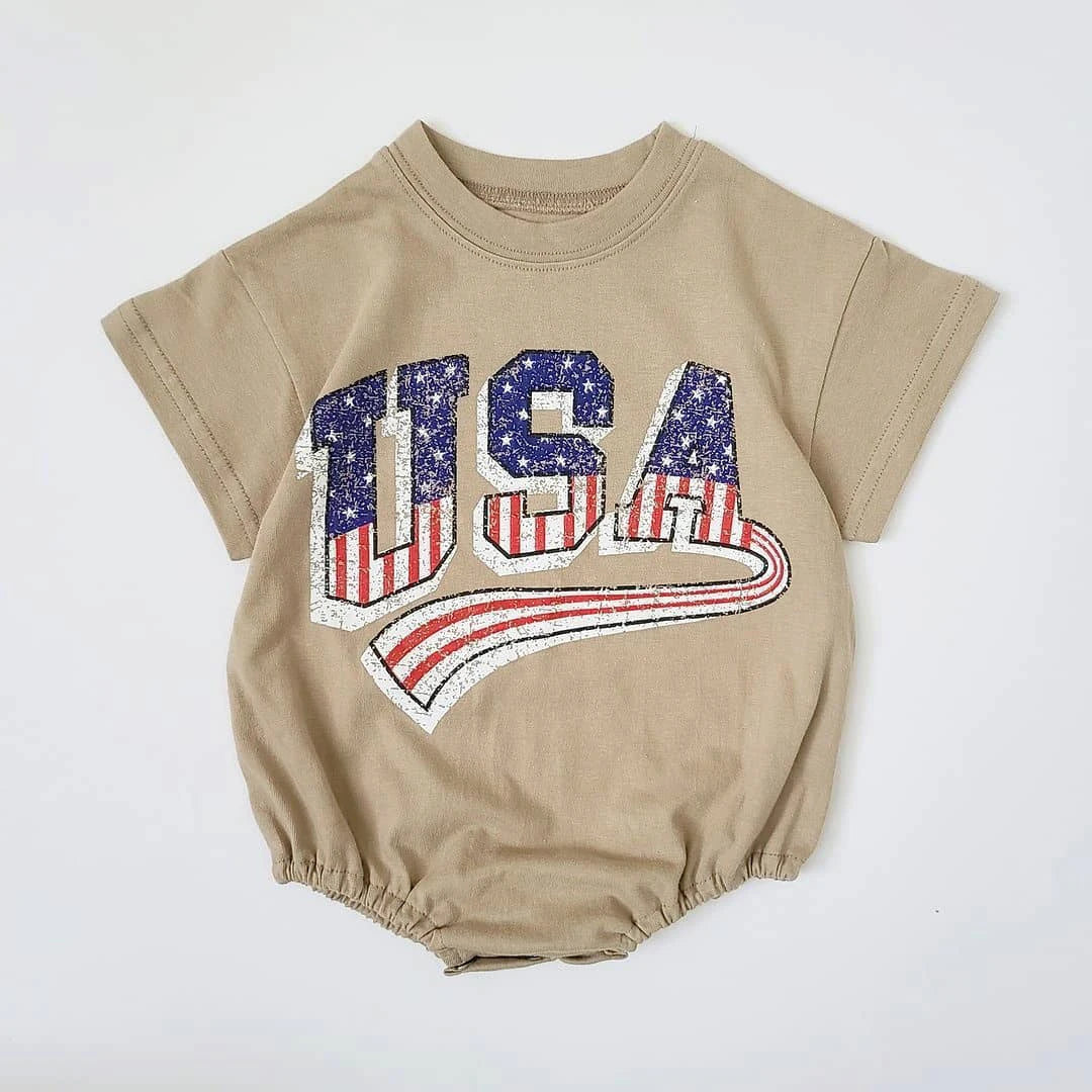 Baby Boys USA Print T-Shirt Romper Newborn Bebe Short Sleeve Sweatshirt Onesie Toddler Girls Romper 0-24M Jumpsuits Summer