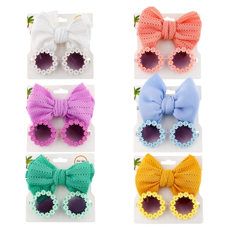 Gafas de sol con forma de flor para bebé, gafas de sol coloridas y diademas con lazo para bebé, conjunto de accesorios para fotografía al aire libre para niños pequeños