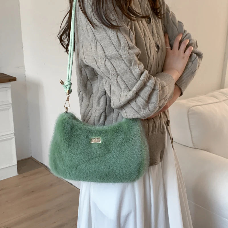 MOODS Soft Plush Crossbody Bags For Women 2025 Winter Warm Latest Luxury Designer Handbags Casual Street Shoulder Hobo Bag Lady