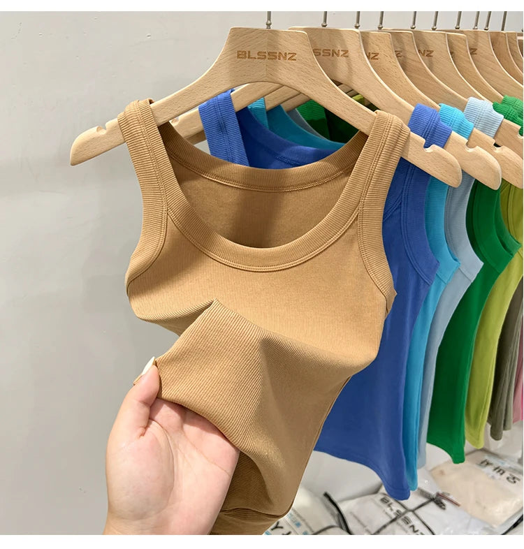 Women Solid Round Neck Ribbed Tank Top Camisole Women 2026 Summer Basic Elastic Tank Top O Neck Solid Tank Top