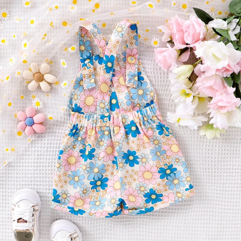 Fashion Toddler Kids Baby Girls Overalls Flower Print Sleeveless Straps Buttons Pockets Shortall Summer Kids Romper Jumpsuits