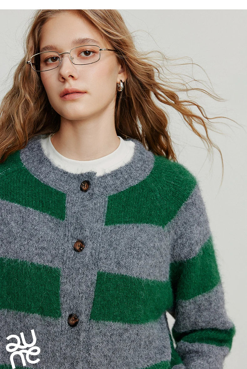 TOYOUTH Women Sweater 2025 Autumn New Color Contrasting Lulu Style Striped Cardigan Tops