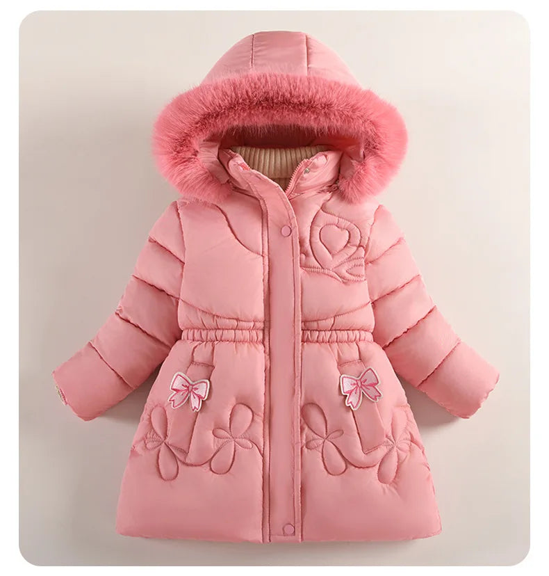 2025 Winter New Girls Jacket Long Solid Color Lining Berber Fleece Thick Warm Hooded Parka For 4-10Y Girls Bow Fashion Snowsuit