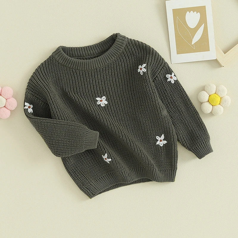 Ropa de invierno para niña, suéter bonito de flores, jersey de cuello redondo para niños pequeños, suéteres tejidos de manga larga para recién nacidos