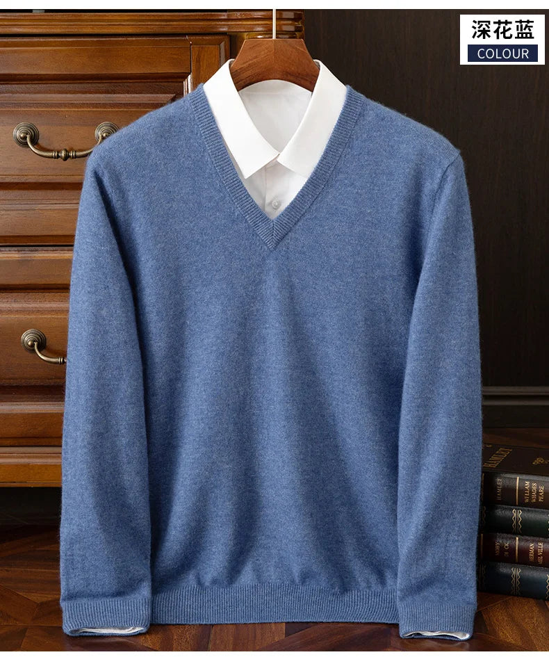100% Cashmere Men's Pullover Casual Solid Color Knitted Sweater Loose Pull V-Neck Tops Basic Versatile Jumper