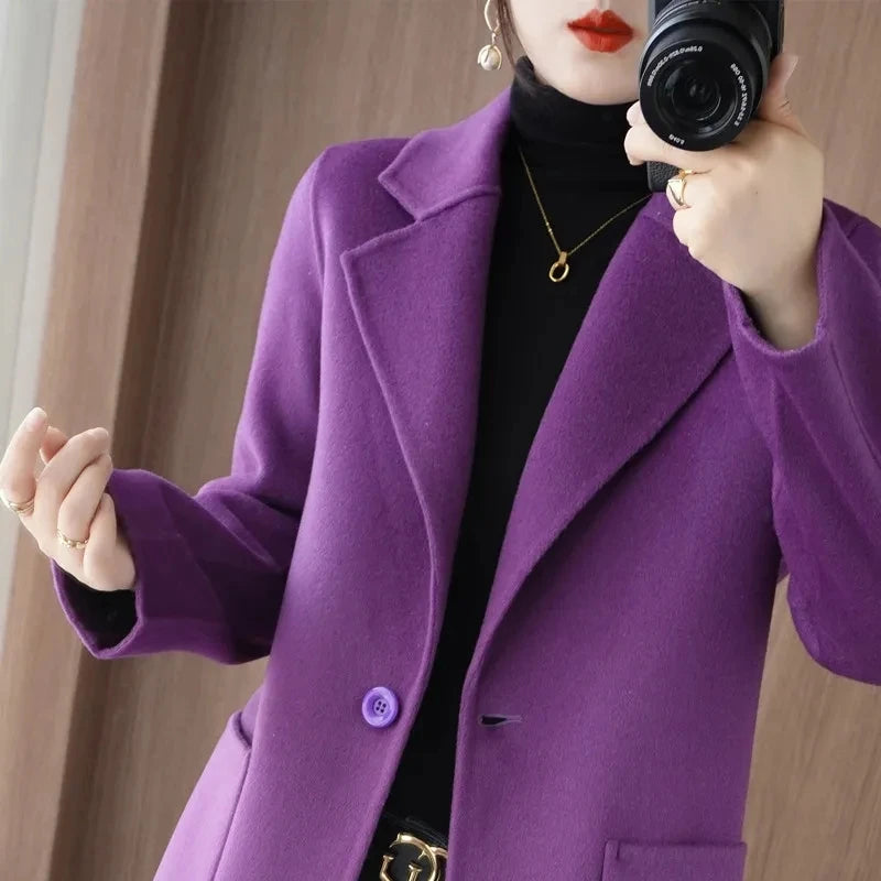 100% Pure Wool Double-Sided Cashmere Jacket Women Overcoat  Autumn Winter New Mid-Length One-Button Slim Wool Windbreakers coat