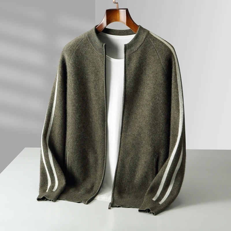 Winter Cashmere Sweater Men's Round Neck Knitted Jacket Contrast Striped Zipper Cardigan Youth Wool Thick Sweater