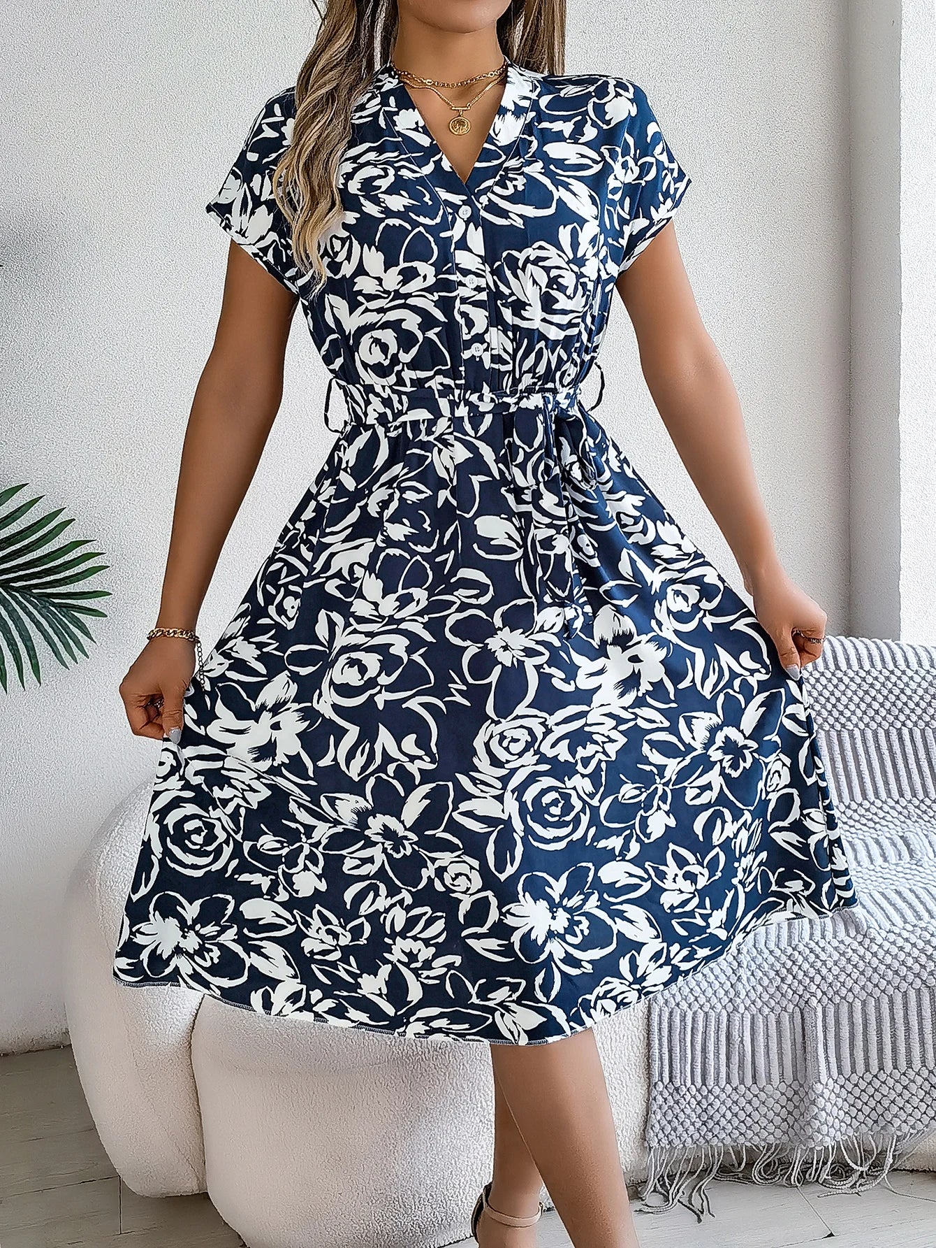 Spring Summer Casual Woman Dresses 2026 Fashion Buttons V Neck Flower Print Short Sleeve A Line Dress with Belt