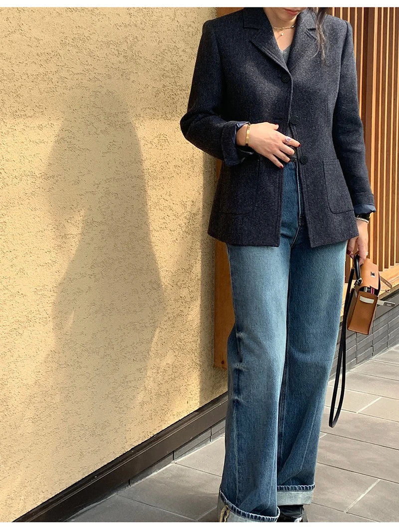 50 Wool Women Notched Collar Blazer Jacket Coat Fall Winter Thick Warm Overcoat Pocket Fashion Slim Waist Buttons Coat 2024 New