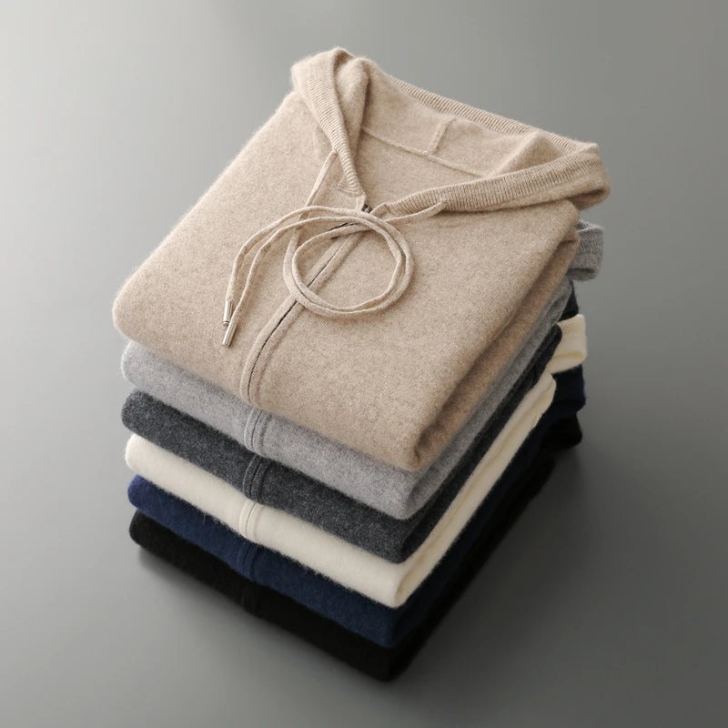 2025 New Men Knitted Plane Hooded Cardigan Cashmere Sweater Zipper Design Pocket Decoration High quality Thick Warmth Hoodie