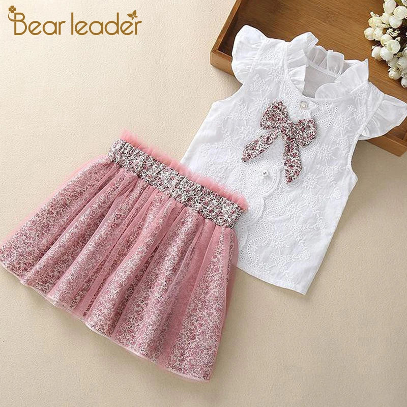 Bear Leader New Summer Casual Children Sets Chiffon Flowers Blue T-shirt Pants Girls Clothing Sets Kids Summer Set for 3-7 Years