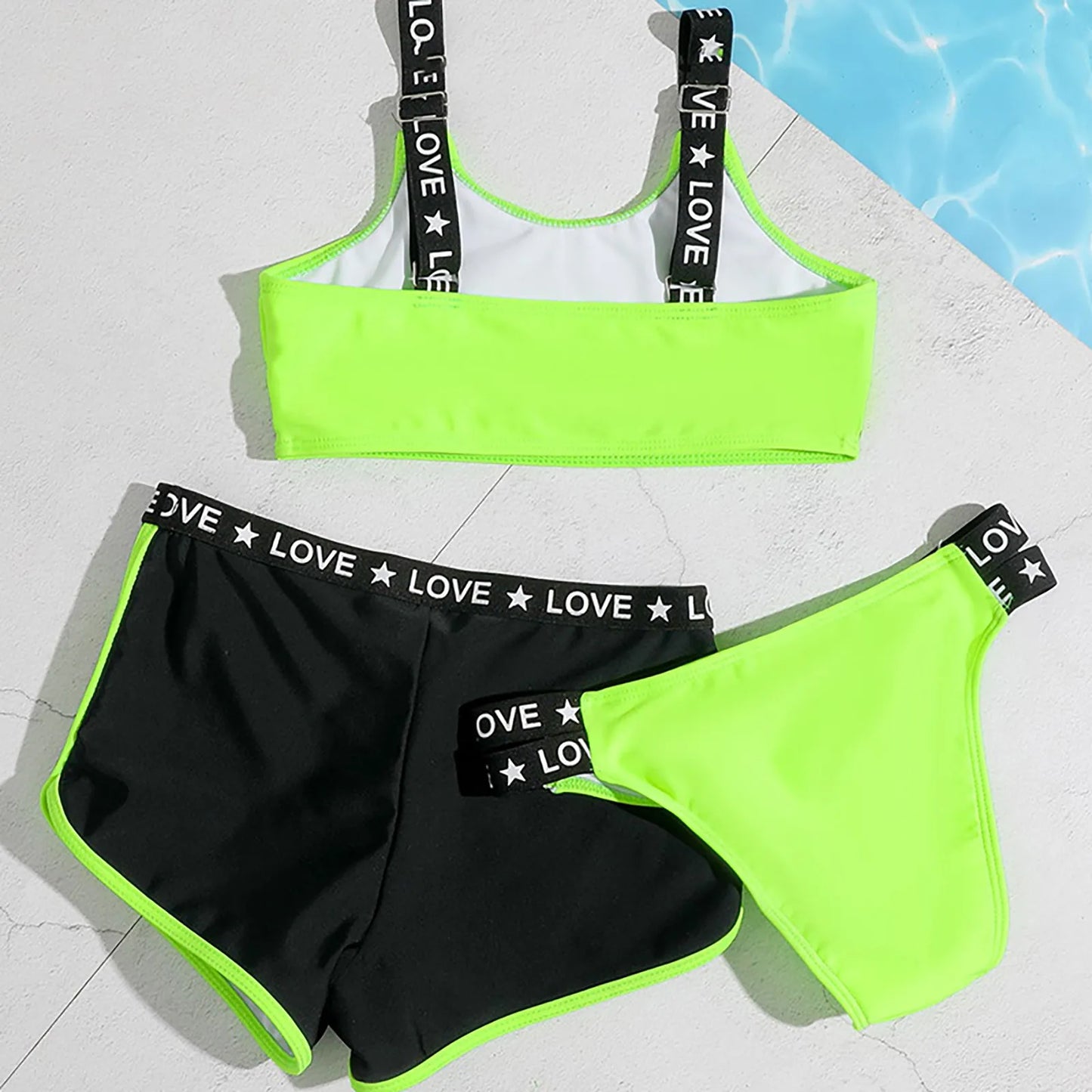 Kids Children Girls 3 Piece Swimsuits Bathing Suit Tanks Tops Underpants Letter Shorts Bikini Swimwear Beach Wear Beach Outfits