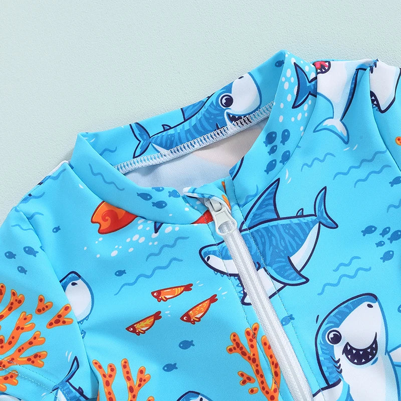 Toddler Baby Boys Rash Guard Swimsuit Rompers Zipper Short Sleeve Shark Print Kids Bathing Suit Swimwear