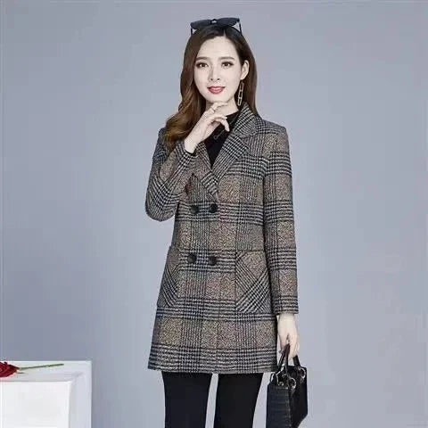 Mother's clothing Plaid Woolen Jacket 5xl Autumn Winter Female Thicken Slim Middle length Outwear Korea Women's Casual Wool Coat