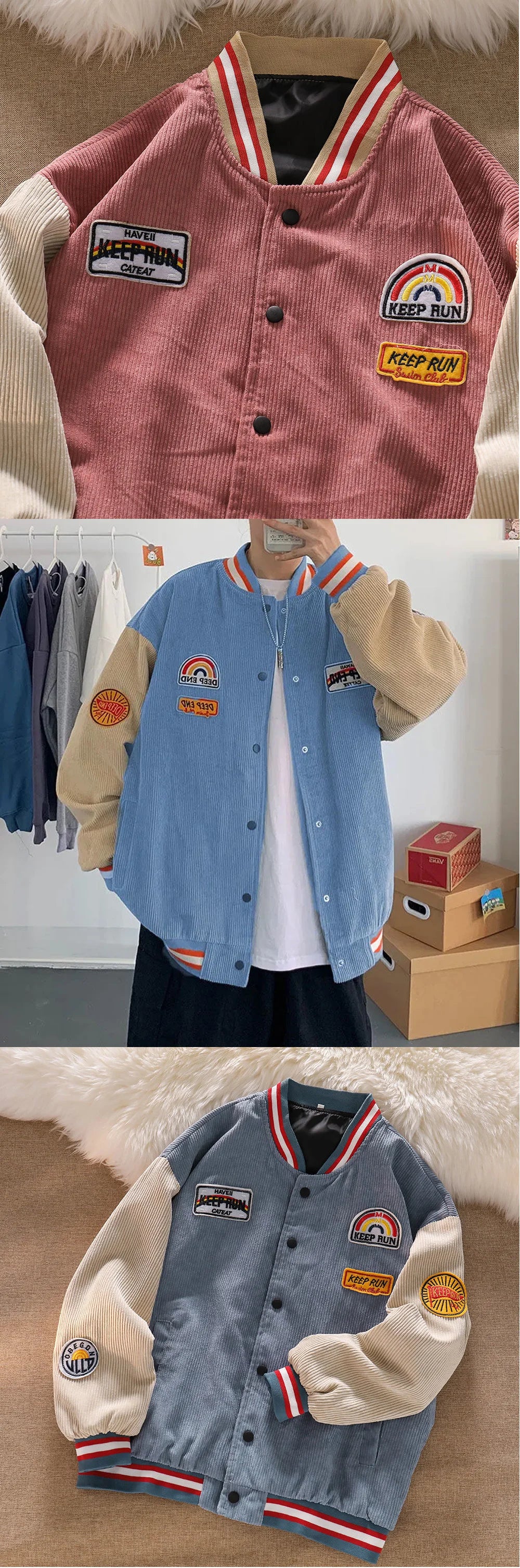 Men Baseball Jackets Spring Autumn New Embroidered Letters Corduroy Loose Coat Tracksuit Harajuku Retro Uniform Men's Clothing