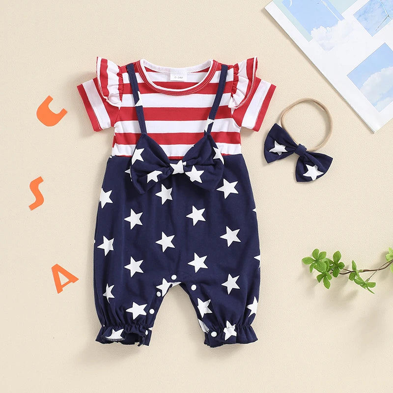 Newborn Baby Girl 4th of July Outfit American Flag Romper Ruffle Short Sleeve Jumpsuit with Headband