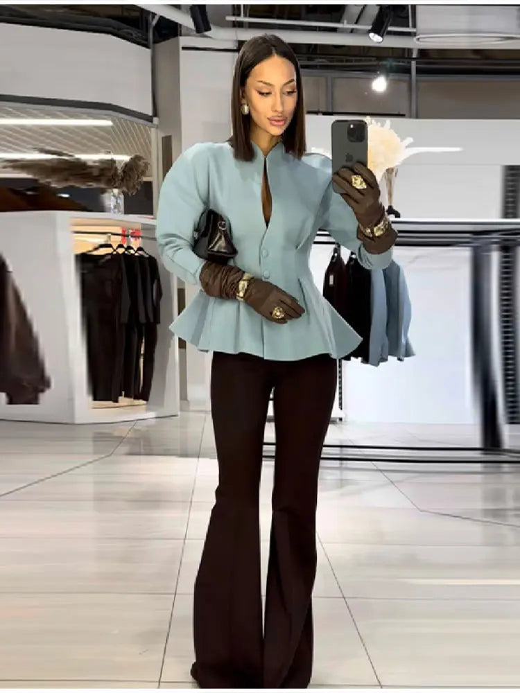 Elegant Pleated Waist Cinched Women's Jacket  Chic V Neck Single Breasted Lace Up Coat 2026 Lady Casual Slim Commute Outerwear