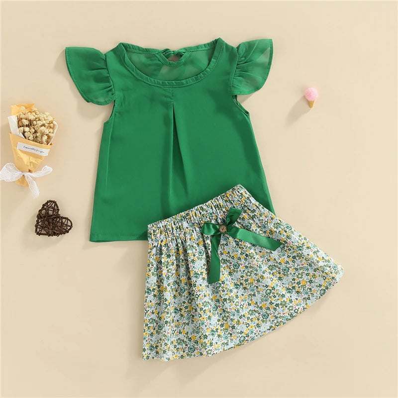 Fashion Toddler Kid Girls Summer Clothing Outfits Fly Sleeve Solid Color T-Shirt Top + Floral Printed Mini Skirt Set