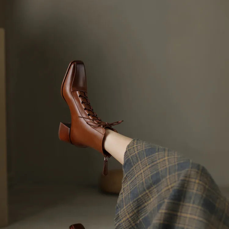 2022 Autumn Women Boots Square Toe Back Zipper Women Shoes Chunky Heels Shoes for Women High Heel Boots Vintage Leather Shoes