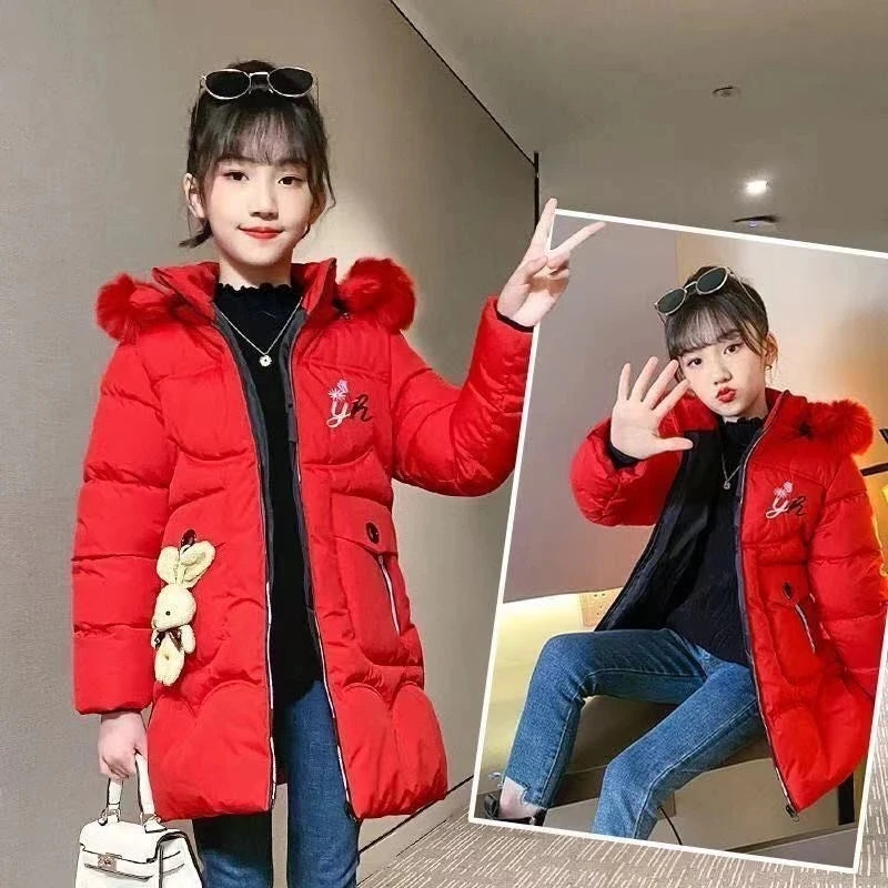 2024 New Winter Teenager Long Style Girls Jacket Keeping Warm Hooded WIndbreaker Coat For Girl Fur Collar Children Outerwear