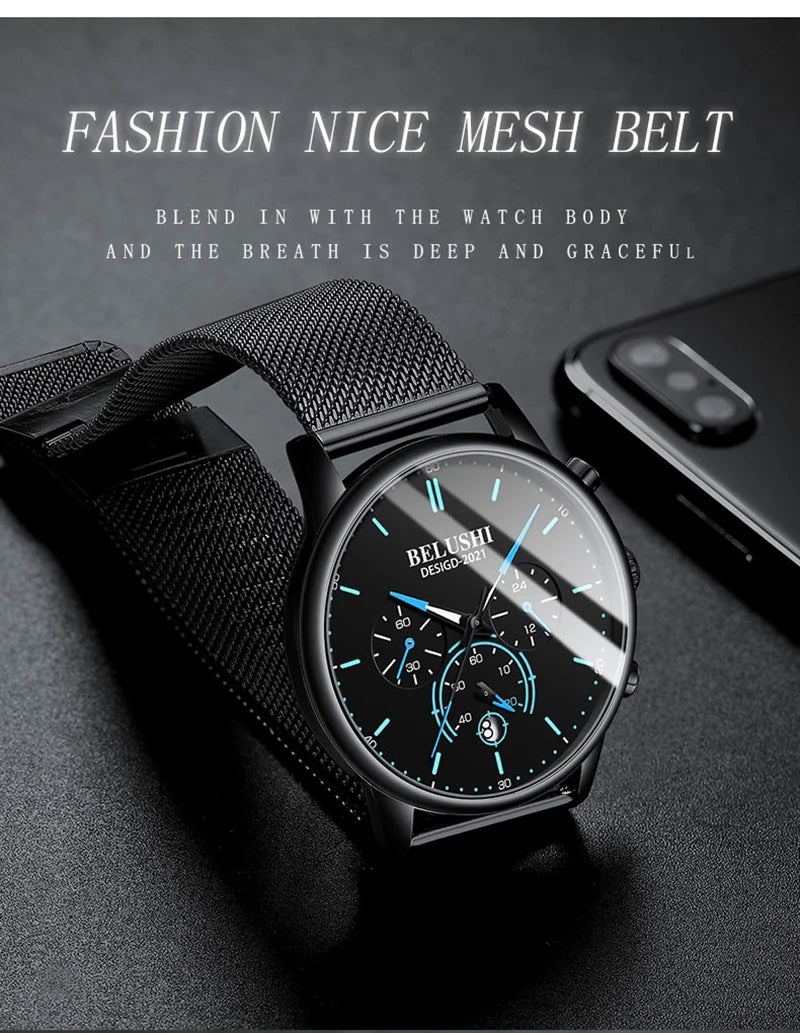 BELUSHI Cool Ultra Thin Mens Watch Luxury Multifunction Stopwatch Calendar Luminous Male Clock Waterproof Mesh Strap Reloj Hombr