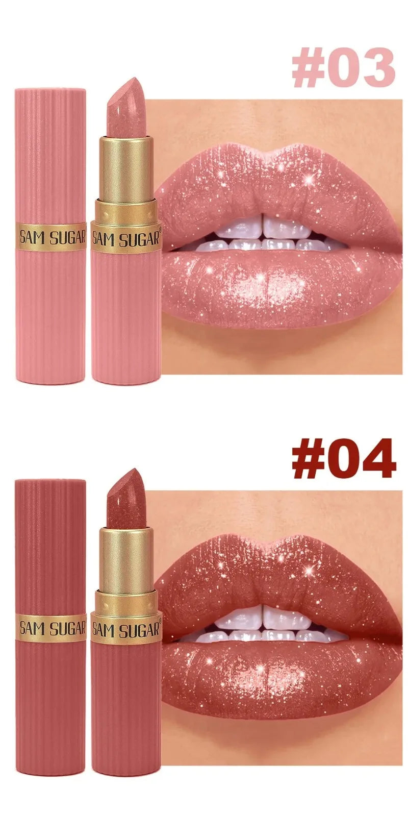 Pearlescent Pink Glitter Lipstick Metallic Waterproof Long Lasting Nude Matte Velvet Lip Stick Shimmer Diamond Women Sexy Makeup